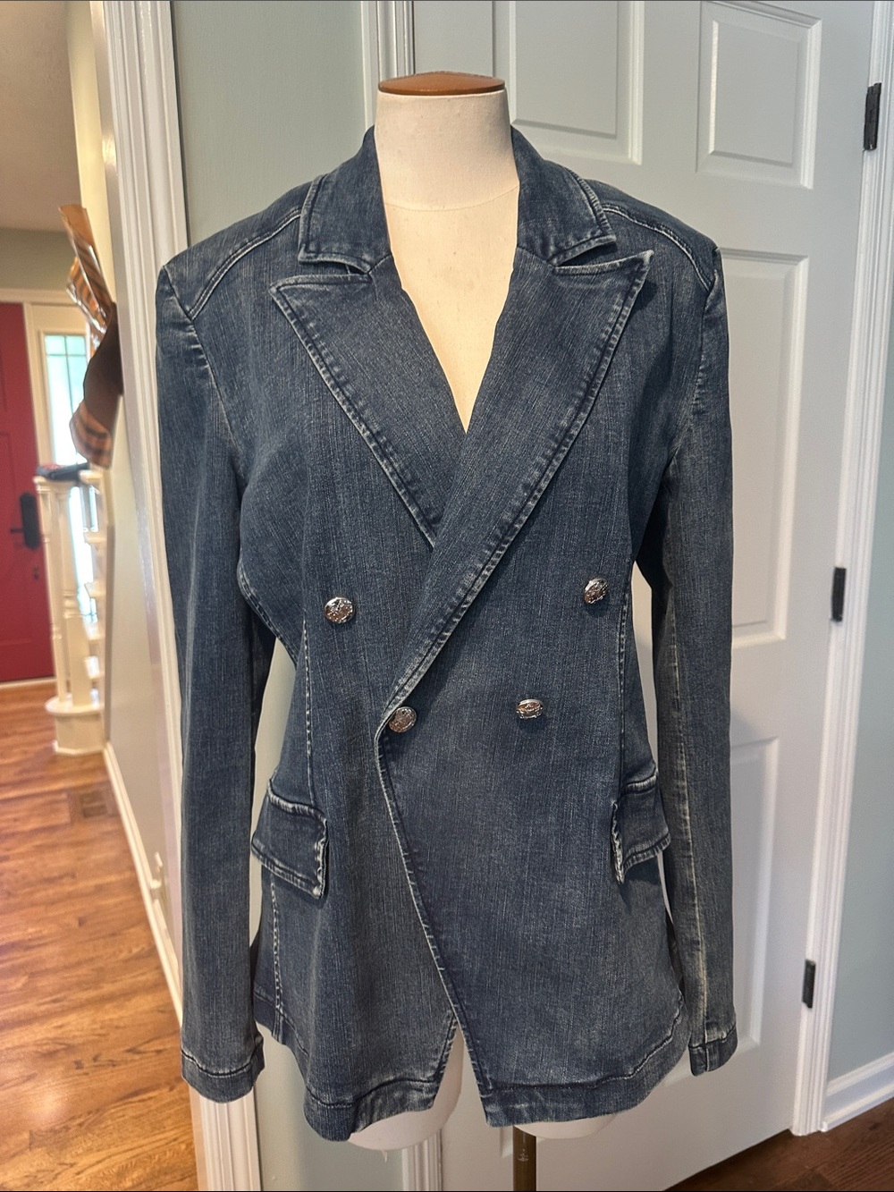 NWOT Joseph Ribkoff Double-Breasted Denim Blazer - Dark Blue Sz Large